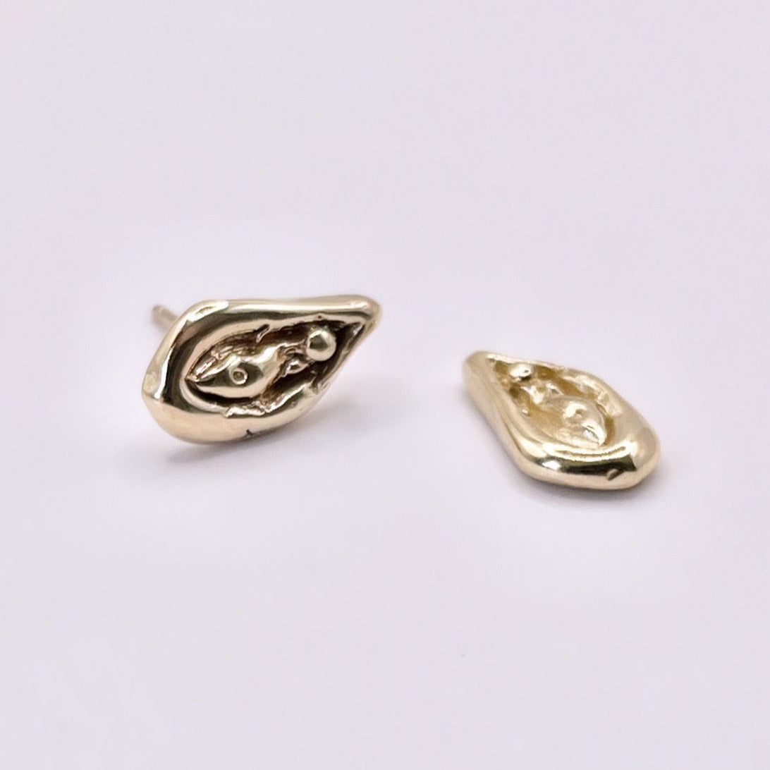 Viva la Vulva! A silver or gold stud earring with a vulva design that also looks like an oyster 